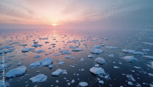 Wallpaper Mural Wide aerial view of arctic ocean with ice floes floating at sunset. Pastel pink and purple sky reflects on calm dark water, creating serene mood. Torontodigital.ca