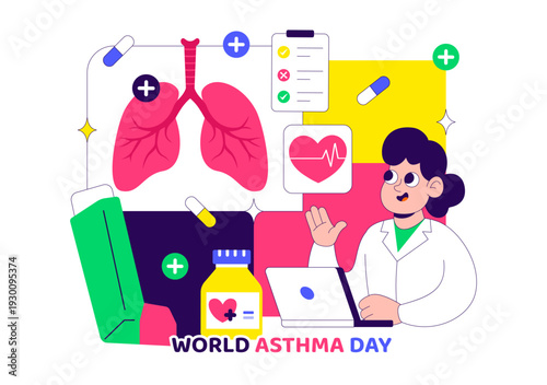 World Asthma Day Vector Illustration on May 2 Featuring Inhaler, Medical Equipment, and Lung Health Prevention in Healthcare Flat Cartoon Background