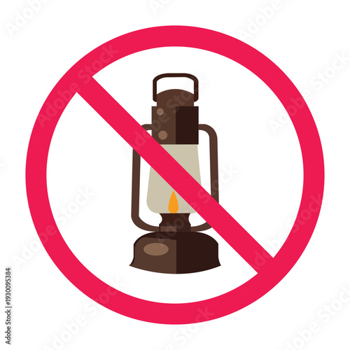 No old lamp sign, forbidden vintage oil burning lamp symbol, kerosene oil lantern prohibited icon, no antique lamp allowed sign, do not use oil lamp symbol, vector illustration