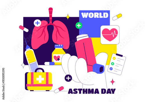 World Asthma Day Vector Illustration on May 2 Featuring Inhaler, Medical Equipment, and Lung Health Prevention in Healthcare Flat Cartoon Background