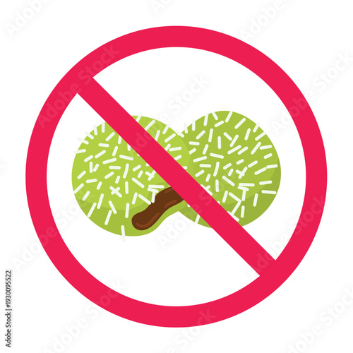 No sweet food sign, forbidden sugary snack symbol, forbidden sign with klepon icon, no traditional rice cake allowed sign, vector illustration