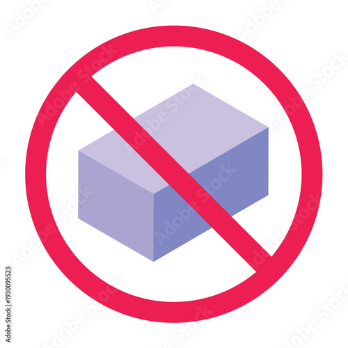 Forbidden sign with basic 3d shape icon, no cuboid sign, no box shape allowed sign, cuboid shape restriction sign, vector illustration