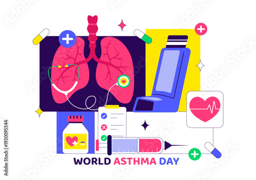 World Asthma Day Vector Illustration on May 2 Featuring Inhaler, Medical Equipment, and Lung Health Prevention in Healthcare Flat Cartoon Background