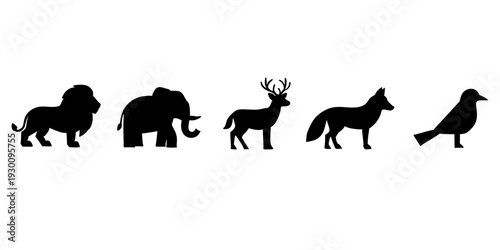 Set of wild animal silhouettes including a lion, elephant, deer, fox, and bird on a white background.