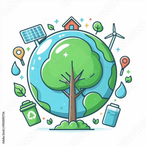 Earthlike globe with tree wind turbine solar panel recycling bin water and house icons