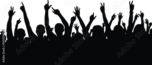 Cheering crowd silhouette with raised hands at concert or festival isolated on white background, excited audience celebration and party atmosphere concept