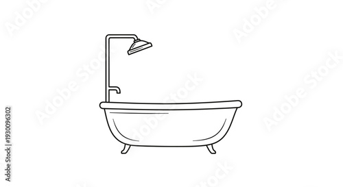 Bathtub with shower head and faucet line art drawing