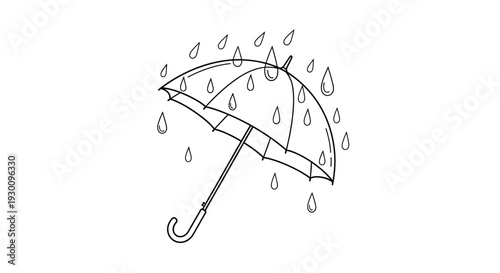 Black and white doodle drawing of an umbrella with raindrops