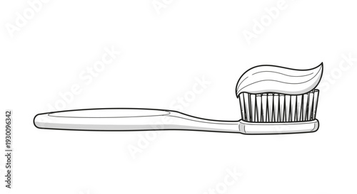 Black and white line art drawing of toothbrush with toothpaste