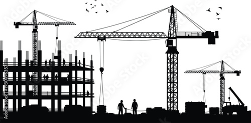 Construction site silhouette panorama with tower cranes, building structure and workers lifting materials isolated on white background for urban development and engineering projects