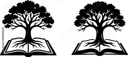 Elegant tree silhouettes emerging from open books, symbolizing growth and knowledge