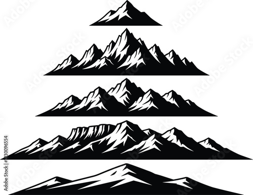 Black mountain range silhouette bundle set with rocky peaks and hills for outdoor adventure climbing hiking nature and landscape design