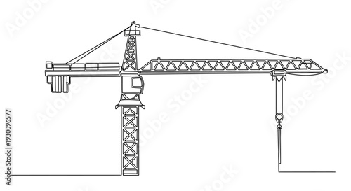 Continuous line art illustration of a large tower construction crane