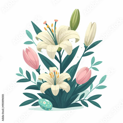 Floral arrangement with lilies tulips green leaves and a decorated Easter egg at the bottom