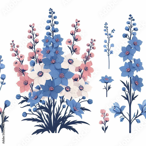Floral arrangement delphiniums pink buds and white blooms on a white background