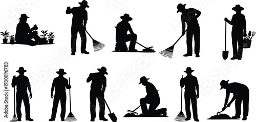 Gardener silhouette collection with rake, shovel and plants isolated on white background, landscaping workers set for gardening, agriculture and outdoor maintenance design use