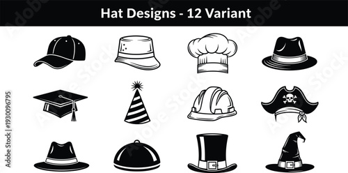 Comprehensive hat icon set featuring baseball cap fedora chef hat graduation cap pirate hat hard hat and witch hat silhouettes
