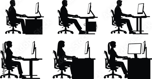 Office workers sitting at desk with computer silhouette collection isolated on white background, business professionals working on desktop for corporate workplace design