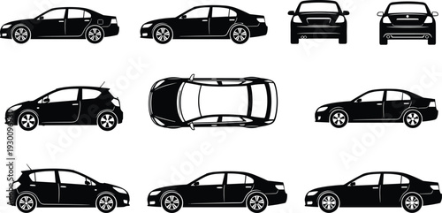 Modern sedan and hatchback car silhouette set with side view back view and top view for automotive transport and vehicle design