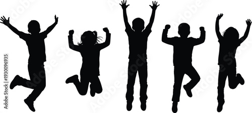 Happy children jumping silhouette collection isolated on white background, energetic kids celebrating and playing, joyful childhood activity concept for education and family design