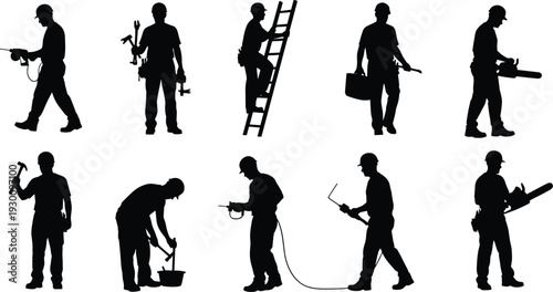 Silhouette collection of construction workers with tools, ladder and equipment isolated on white background, industrial laborers set for design and advertising use