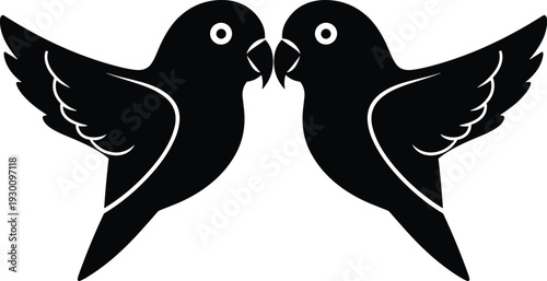 Silhouette of two lovebird parrots with wings spread facing each other in a symmetrical mirror composition on white background