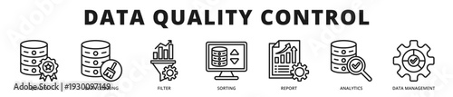 Executive banner presenting structured data quality control systems focused on validation, cleansing processes, performance monitoring, and enterprise level governance standards outline icon style