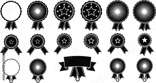 Premium award ribbon silhouette set with star medals and quality badges for victory success achievement competition and professional certificate design