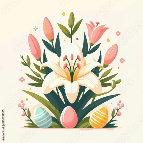 Illustration featuring Easter lily bloom buds foliage and decorated eggs on a light background