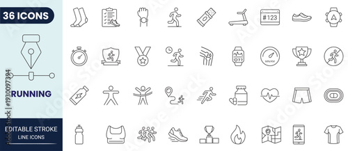 Running outline icon collection with smooth curves and consistent line weight. Suitable for fitness, sport, and active lifestyle concepts. Fully editable stroke vector.
