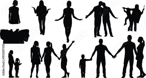 Collection of family silhouettes including parents children couples and people in various expressive standing poses
