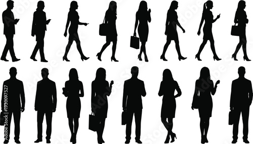 Collection of professional business people silhouettes walking and standing in formal corporate office attire