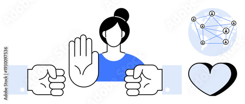Safety, online boundaries, social interaction, personal security, consent, communication ethics. Woman raising hand in stop gesture with heart and network icons. Safety and online boundaries concept