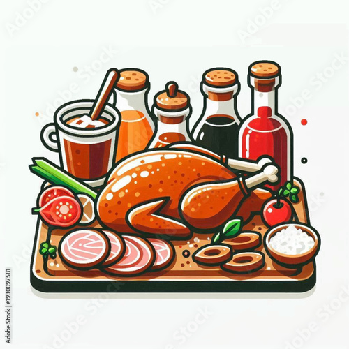Illustrated Thanksgiving feast roasted turkey condiments sliced meat vegetables  salt bowl on wood board