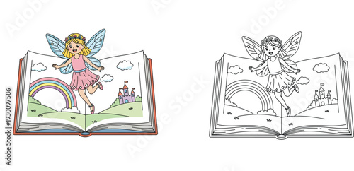 Magical fairy flying out of an open storybook with rainbow and castle landscape, colorful illustration and black and white line art coloring page for kids fantasy storytelling and education