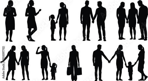 Family and couple silhouettes set, showing parents children and partners holding hands vector