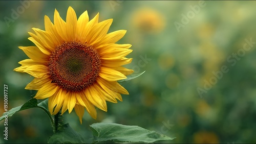 A solitary, vibrant sunflower with bright yellow petals and a detailed brown center glows against a