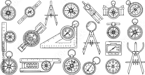 Surveying  Navigation Tools: Set of Compass, Sextant, Level  More Hand-Drawn Vector Illustrations