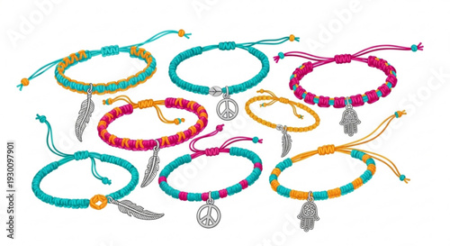 Colorful beaded bracelets with feather and charm pendants on white background bohemian fashion accessories
