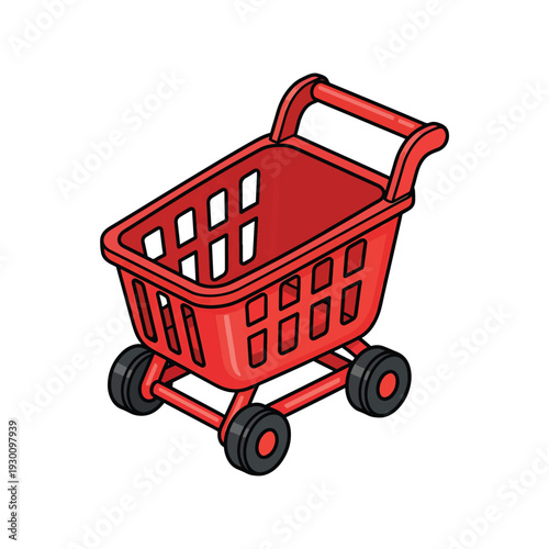 Vector illustration of a shopping cart on wheels, viewed from the side, in a retail environment