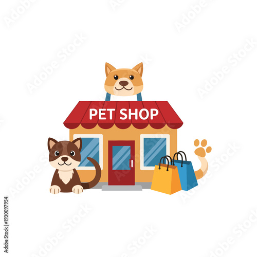 Vector illustration of a pet shop scene with cats and shopping bags outside a storefront