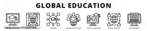 Premium banner showcasing a global education ecosystem connecting learners worldwide through digital collaboration, mentorship, and shared academic resources outline icon style