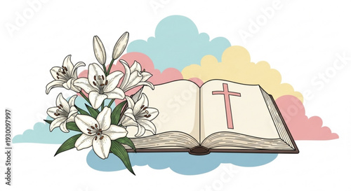 Open holy book with cross and white lilies on colorful clouds background symbolizing faith and spirituality