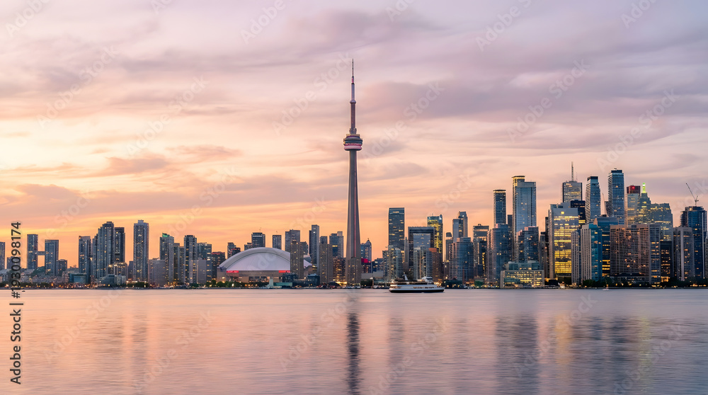 Obraz premium Toronto Skyline with CN Tower at Sunrise Over Lake Ontario