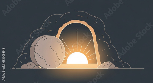 Easter morning sunrise through an empty tomb with a rolled away stone symbolizing hope and renewal in a dark cave
