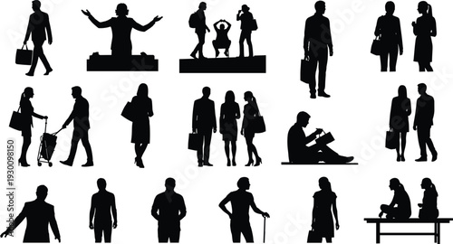 Silhouette of Diverse People Traveling Walking Carrying Luggage Bags and Using Phones in Airport Terminal Vector