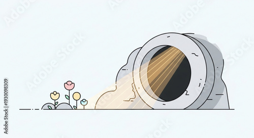 Whisk with flour pouring out surrounded by colorful flowers on a clean background