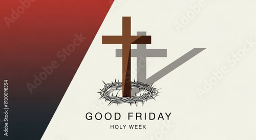 Good friday holy week graphic with crosses and crown of thorns on red and white background