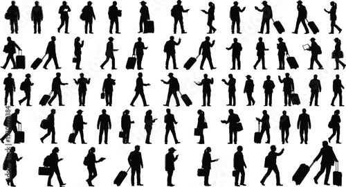 Silhouette of Diverse People Traveling Walking Carrying Luggage Bags and Using Phones in Airport Terminal Vector Illustration