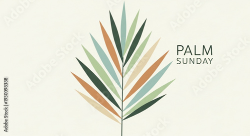 Colorful palm leaf illustration with 'palm sunday' text on cream background for easter or religious themes